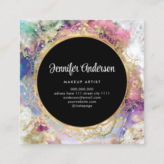 Waterverf nebula gold mandala modern monogramma vierkante visitekaartje (Achterkant)