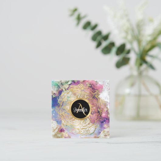 Waterverf nebula gold mandala modern monogramma vierkante visitekaartje (Staand voorkant)