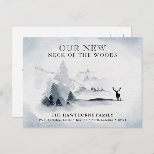 Waterverf 'Neck of the Bossen New Address' Aankondigingskaart (Voorkant / Achterkant)