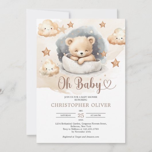 Waterverf Neutraal Schattig Slapen Teddybeer Kaart (Voorkant)