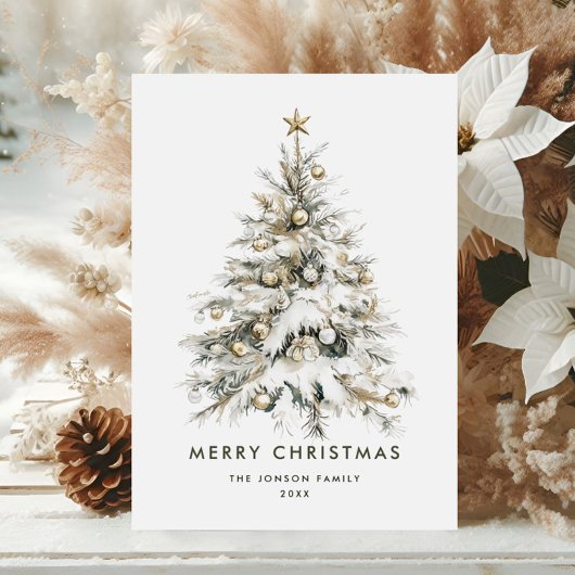 Waterverf neutrale gouden beige kerstboom feestdagenkaart