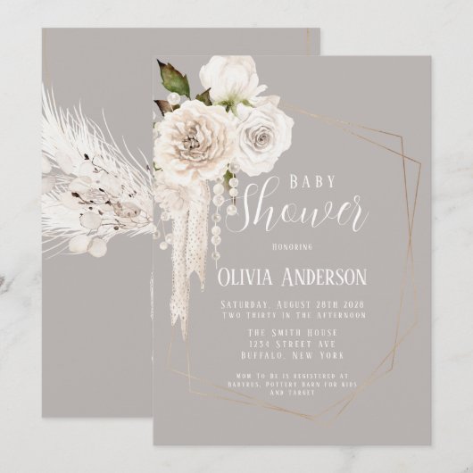 Waterverf Neutrale parels en Baby shower Florals Kaart (Voorkant / Achterkant)