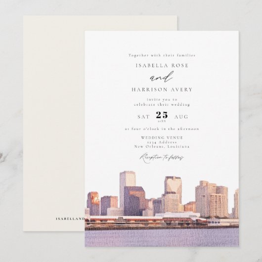 Waterverf New Orleans Louisiana Skyline Wedding Kaart (Voorkant / Achterkant)