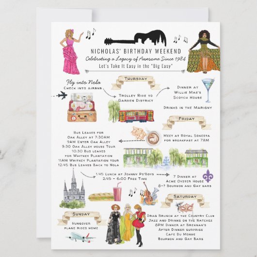 Waterverf New Orleans Verjaardag Weekend Route Kaart (Voorkant)