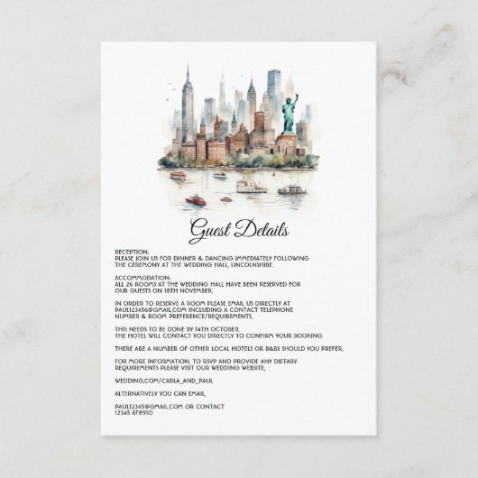 Waterverf New York bruiloft gastgegevens Informatiekaartje (Voorkant)