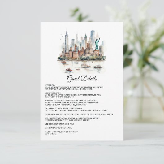 Waterverf New York bruiloft gastgegevens Informatiekaartje (Staand voorkant)