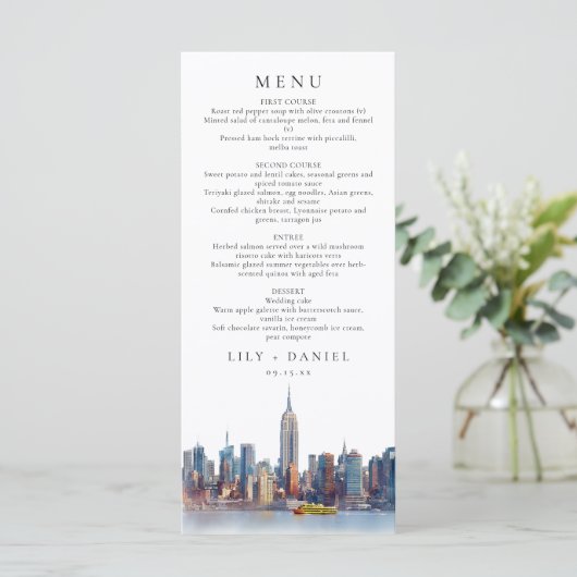 Waterverf New York City Destination bruiloft Menu (Staand voorkant)