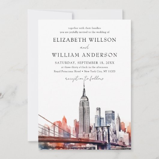 Waterverf New York City Skyline Trouwfoto Kaart (Voorkant)