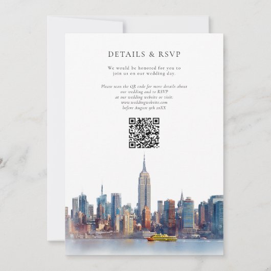 Waterverf New York Skyline QR Code Wedding Kaart (Achterkant)