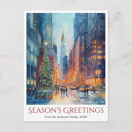 Waterverf New York Travel Christmas Feestdagenkaart (Voorkant)