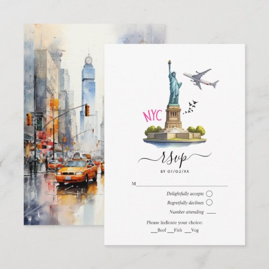Waterverf New York USA Destination Wedding RSVP Kaartje (Voorkant / Achterkant)