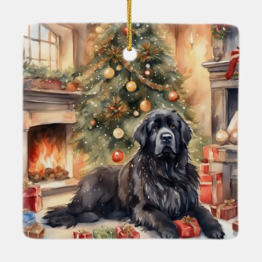 Waterverf Newfoundland - Kerstmisscène 3 Keramisch Ornament (Achterkant)