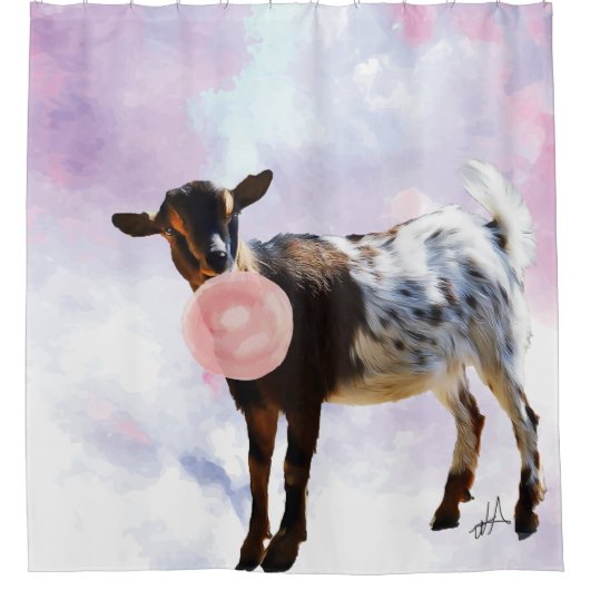 Waterverf Nigerian Dwarf Goat Bubblegum Bubble Douchegordijn (Voorkant)