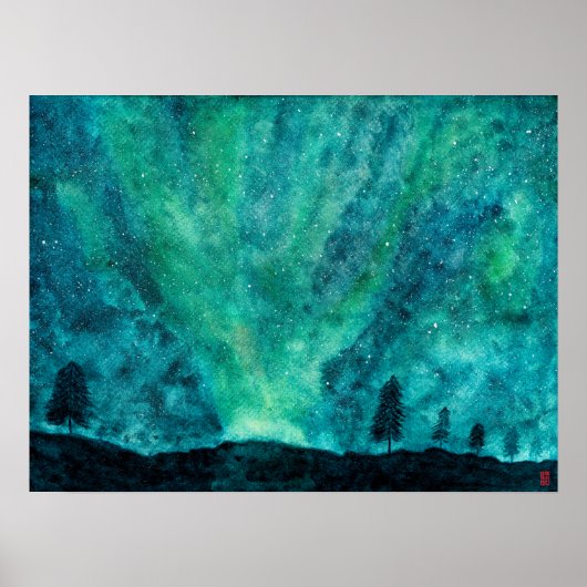 Waterverf Night Aurora Borealis Poster (Voorkant)