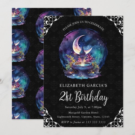 Waterverf Night Fantasy Fountain 21st Birthday Kaart (Voorkant / Achterkant)