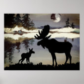 Waterverf Night Moose en Baby Forest Poster (Voorkant)