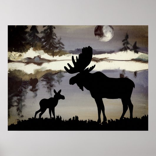 Waterverf Night Moose en Baby Forest Poster (Voorkant)