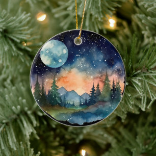Waterverf Nightsky in het bos met Volle Maan Keramisch Ornament