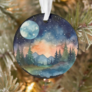 Waterverf Nightsky in het bos met Volle Maan Ornament