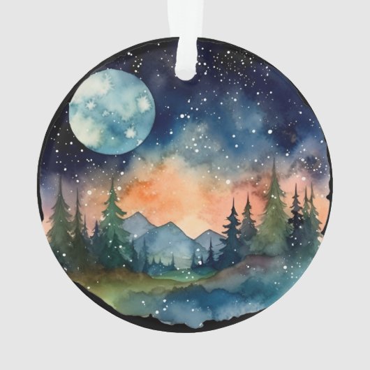 Waterverf Nightsky in het bos met Volle Maan Ornament (achterkant)