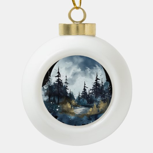 Waterverf Nightsky Uitzicht met grote maan Keramische Bal Ornament (Voorkant)
