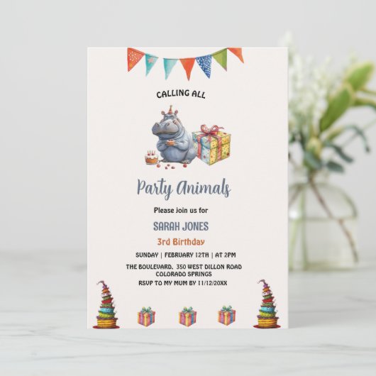 waterverf nijlpaard feestbeesten jarig kaart (Staand voorkant)