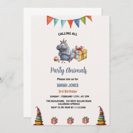 waterverf nijlpaard feestbeesten jarig kaart (Voorkant / Achterkant)