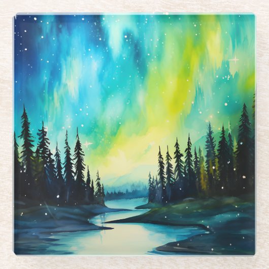 Waterverf noorderlicht aurora borealis glazen onderzetter (Voorkant)