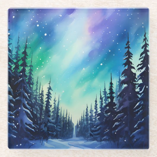 Waterverf noorderlicht aurora borealis glazen onderzetter (Voorkant)