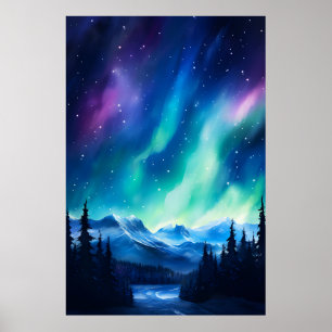 Waterverf Noorderlicht aurora borealis Poster