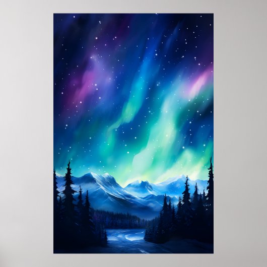 Waterverf Noorderlicht aurora borealis Poster (Voorkant)
