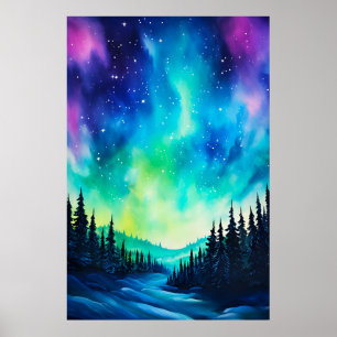 Waterverf Noorderlicht aurora borealis Poster