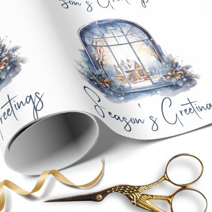 Waterverf Nordic Blue Snowy Christmas Traditioneel Cadeaupapier