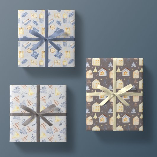 Waterverf Nordic Hygge Cute Kerstmis 3 Pack Gift Inpakpapier Vel
