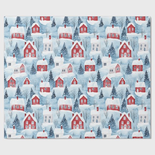 Waterverf Nordic Winter Houses Sneeuwkerst Cadeaupapier (Vlak)