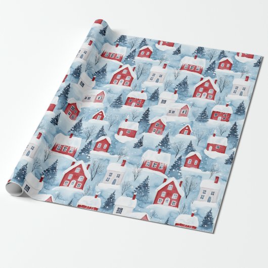 Waterverf Nordic Winter Houses Sneeuwkerst Cadeaupapier (Uitgerold)