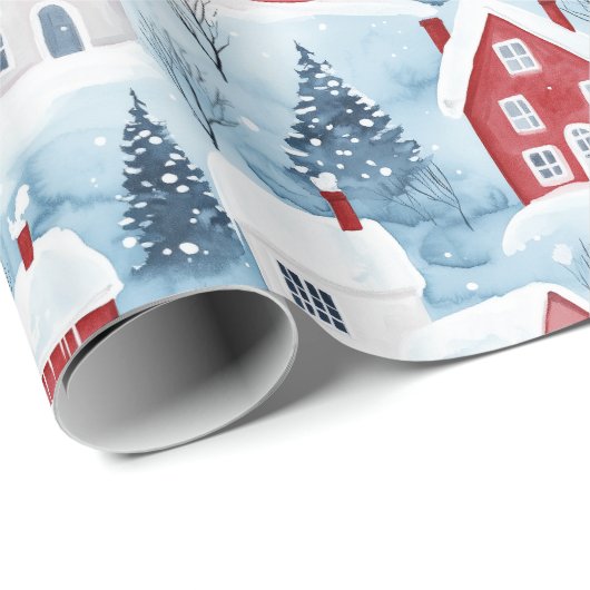 Waterverf Nordic Winter Houses Sneeuwkerst Cadeaupapier (Rol Hoek)