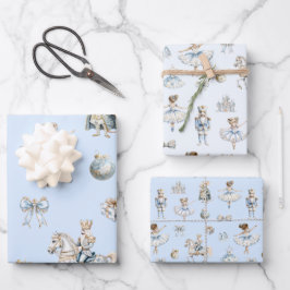 Waterverf Notenkraker Blue Pattern Christmas Inpakpapier Vel