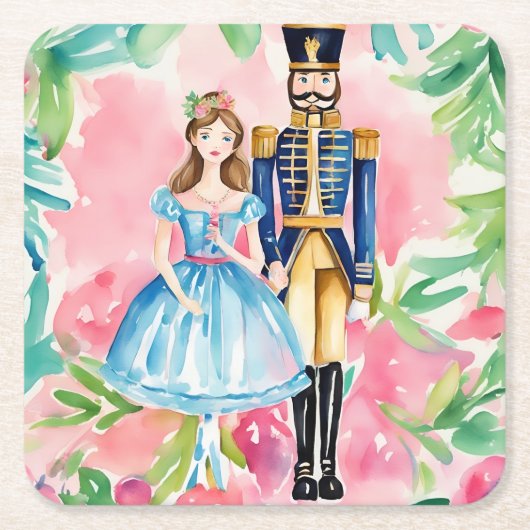 Waterverf Notenkraker en Clara Christmas Kartonnen Onderzetters (Voorkant)