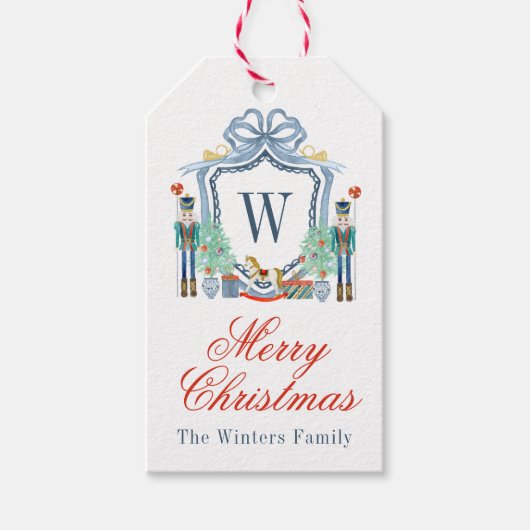Waterverf Notenkraker Monogram Crest Christmas Cadeaulabel (Voorkant)