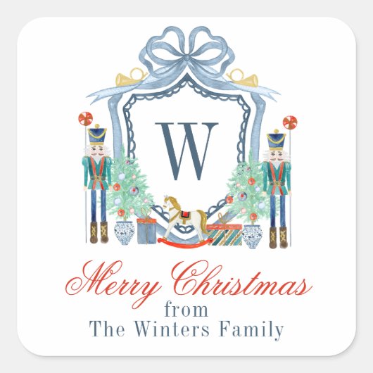 Waterverf Notenkraker Monogram Crest Christmas Vierkante Sticker (Voorkant)