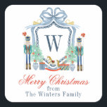 Waterverf Notenkraker Monogram Crest Christmas Vierkante Sticker<br><div class="desc">PreppyPrint.com - Vier Kerstmis in stijl! Voeg uw persoonlijke touch toe. Breng dit ontwerp ook over op de producten van uw keuze! Bezoek mijn designerwinkel,  PreppyPrint.com,  voor het coördineren van items.</div>