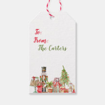 Waterverf Nutkraker Thlekte Label met kerstcadeaus