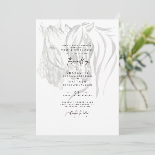Waterverf Nuzzling Horses Wedding Invitation Kaart (Staand voorkant)
