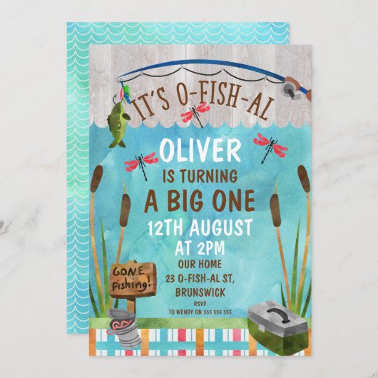 Waterverf O-Fish_Al 1st Birthday Party Invitation Kaart (Voorkant / Achterkant)