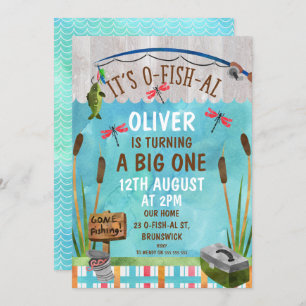 Waterverf O-Fish_Al 1st Birthday Party Invitation Kaart