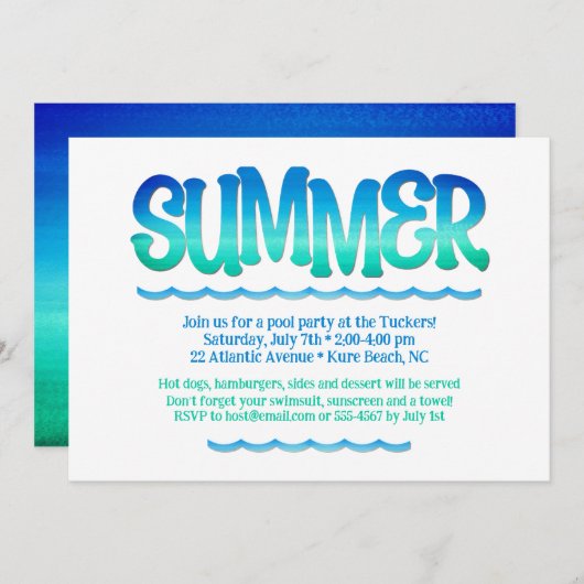 Waterverf Oceaan Blauwe & Groene Golven Zomerfeest Kaart (Voorkant / Achterkant)