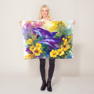 Waterverf Oceaan Dolfijnen Tropische Bloemen Fleece Deken