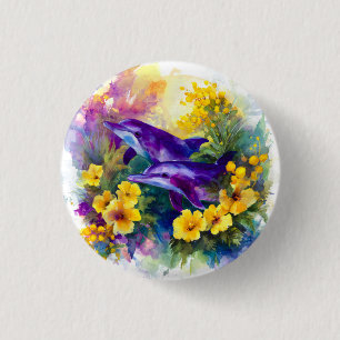 Waterverf Oceaan Dolfijnen Tropische Bloemen Ronde Button 3,2 Cm
