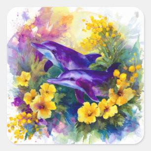 Waterverf Oceaan Dolfijnen Tropische Bloemen Vierkante Sticker